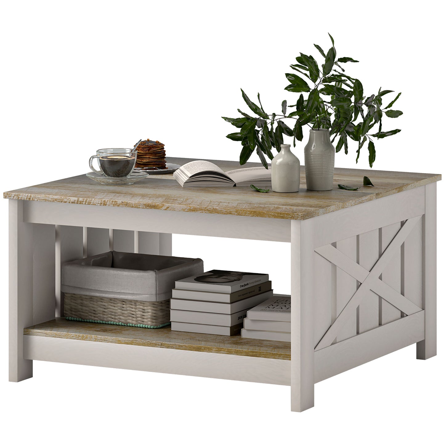 HOMCOM Farmhouse Square Coffee Table, 2-Tier Storage, Distressed Oak Brown Finish