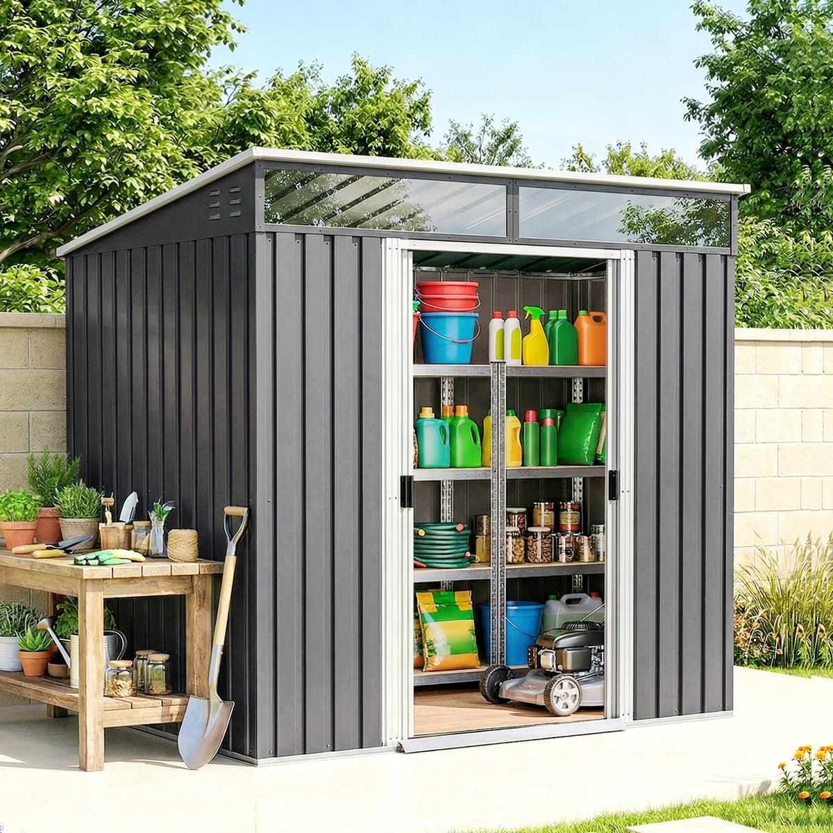 6.5 x 4 ft Garden Tool Shed, Galvanised Steel Outdoor Storage with Lockable Sliding Doors, Foundation Kit, Hooks & Vents – Grey