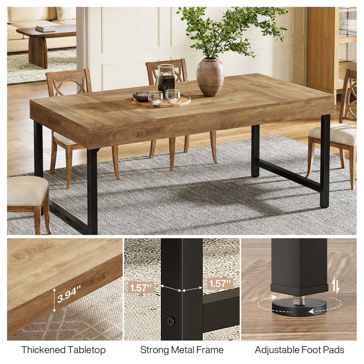 Farmhouse Dining Table, 55" Rectangular Kitchen Dinner Table for 4-6 People