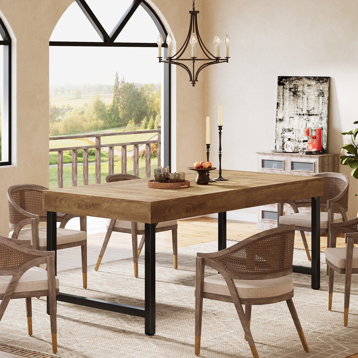 Farmhouse Dining Table, 55" Rectangular Kitchen Dinner Table for 4-6 People