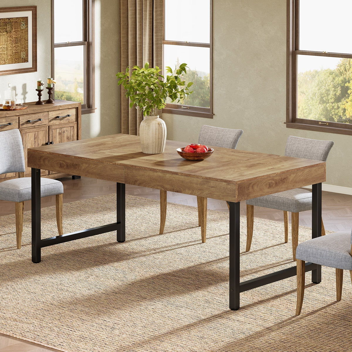 Farmhouse Dining Table, 55" Rectangular Kitchen Dinner Table for 4-6 People