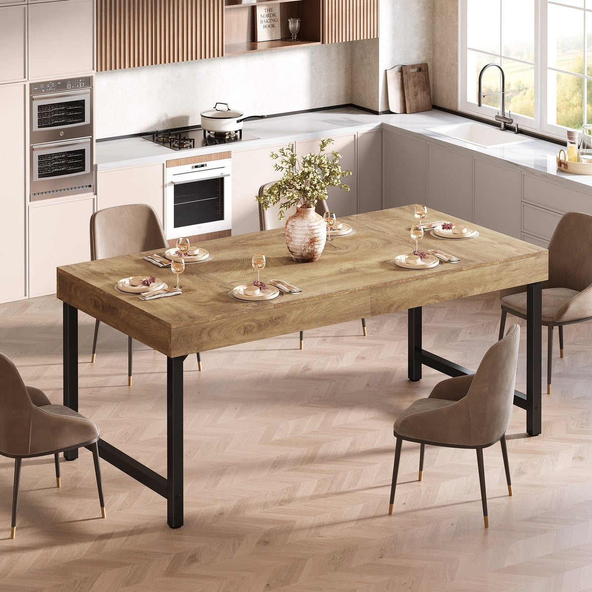 Farmhouse Dining Table, 55" Rectangular Kitchen Dinner Table for 4-6 People