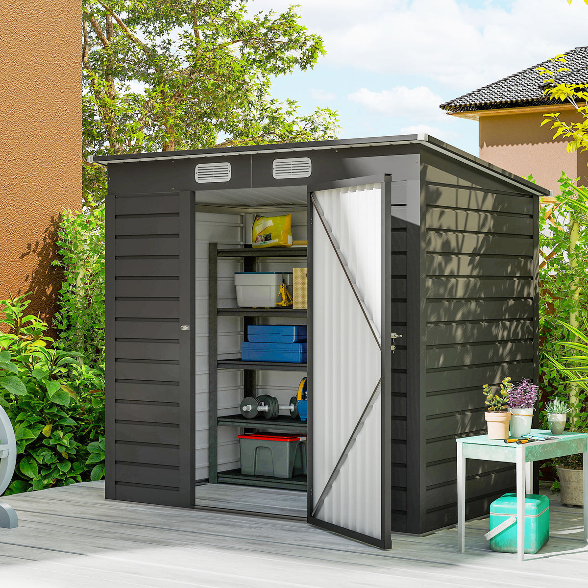 6 x 4FT Galvanized Garden Storage Shed, Metal Outdoor Shed with Double Doors and 2 Vents – Grey