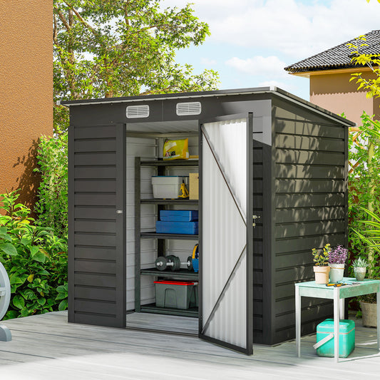 6 x 4FT Galvanized Garden Storage Shed, Metal Outdoor Shed with Double Doors and 2 Vents – Grey
