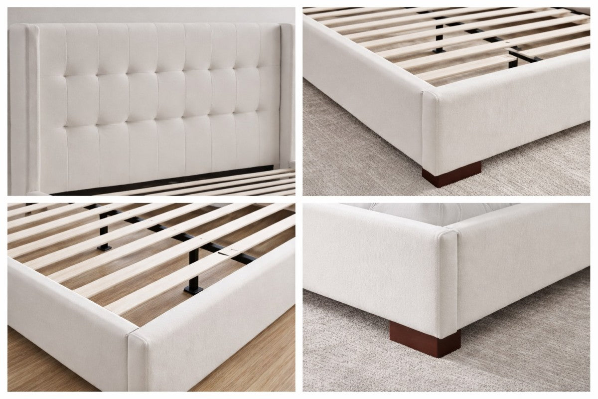 Button-Tufted Solid Wood Bed Frame – Beige