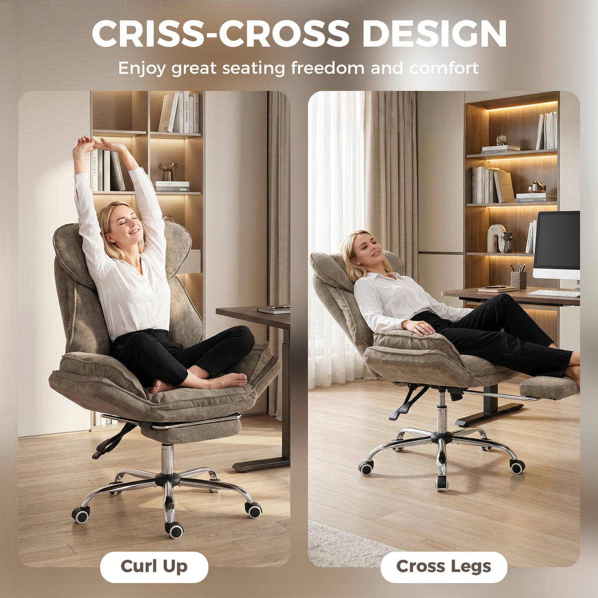 Big and Tall Office Chair with Footrest, High Back Snowflake Velvet Reclining Executive Desk Chair, Brown