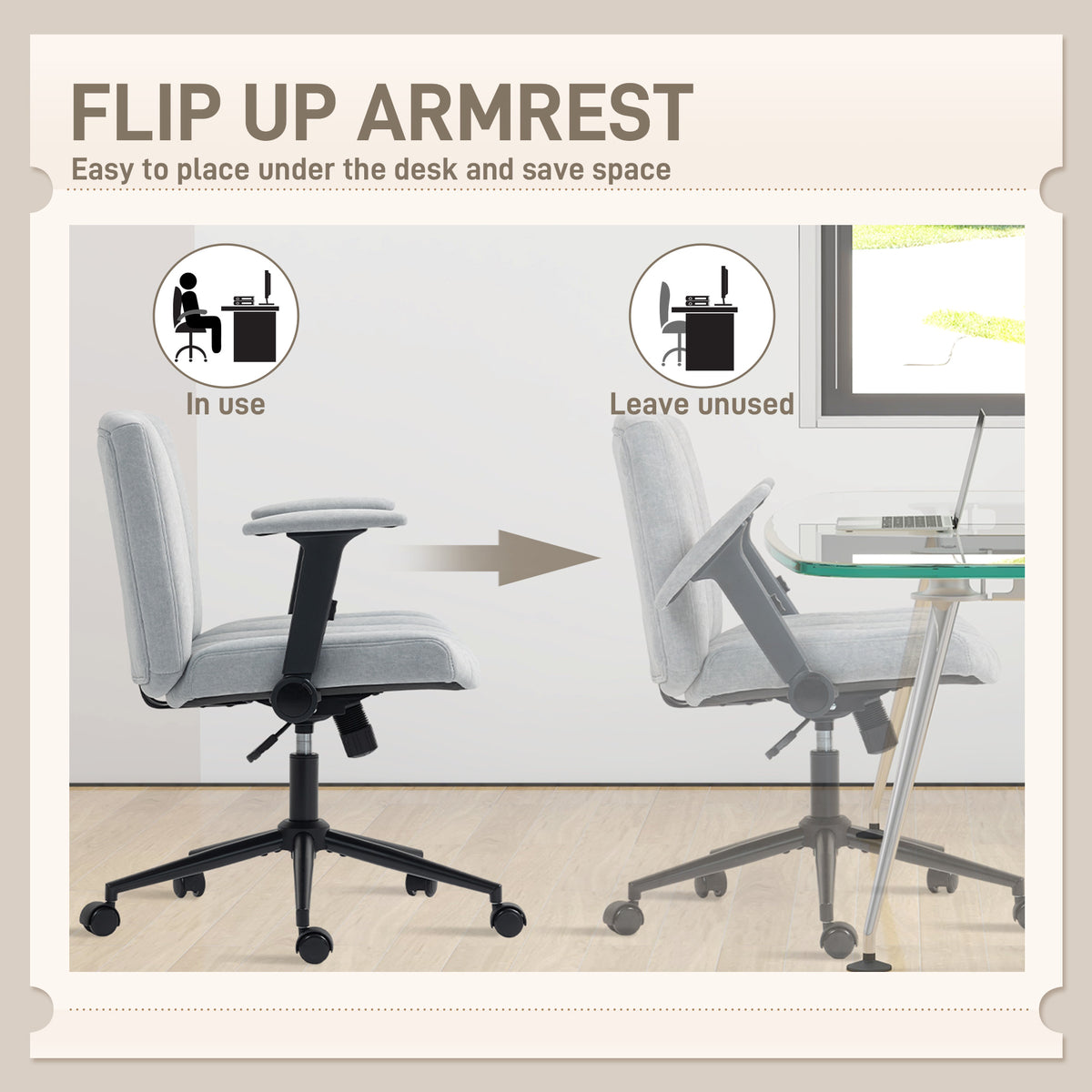 Criss Cross Chair with Flip-up Armrests, Wheels, Grey