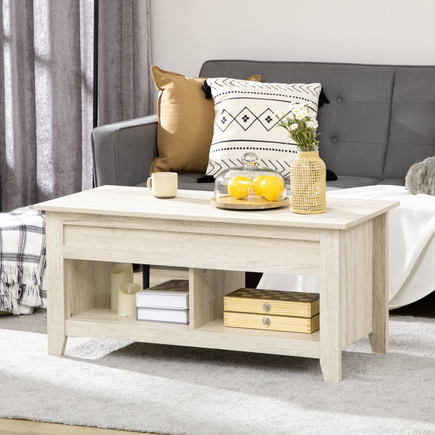 HOMCOM Lift Top Coffee Table with Hidden Storage, Open Shelves, Pop-Up Center Table, Oak Effect