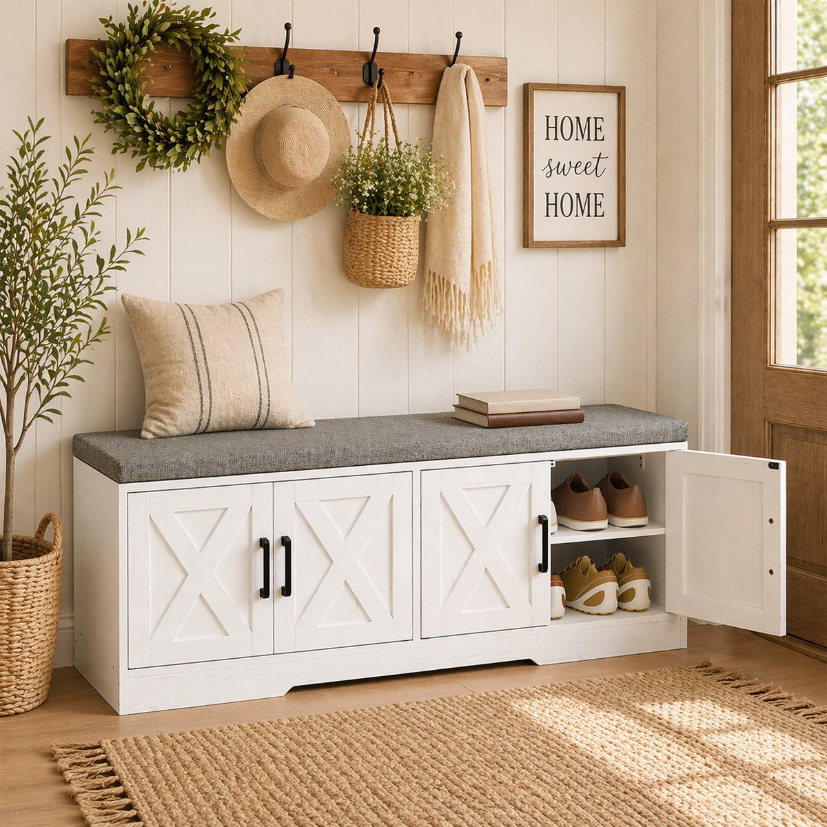 Shoe Storage Bench with Cushion and Doors – 47"W x 18"H