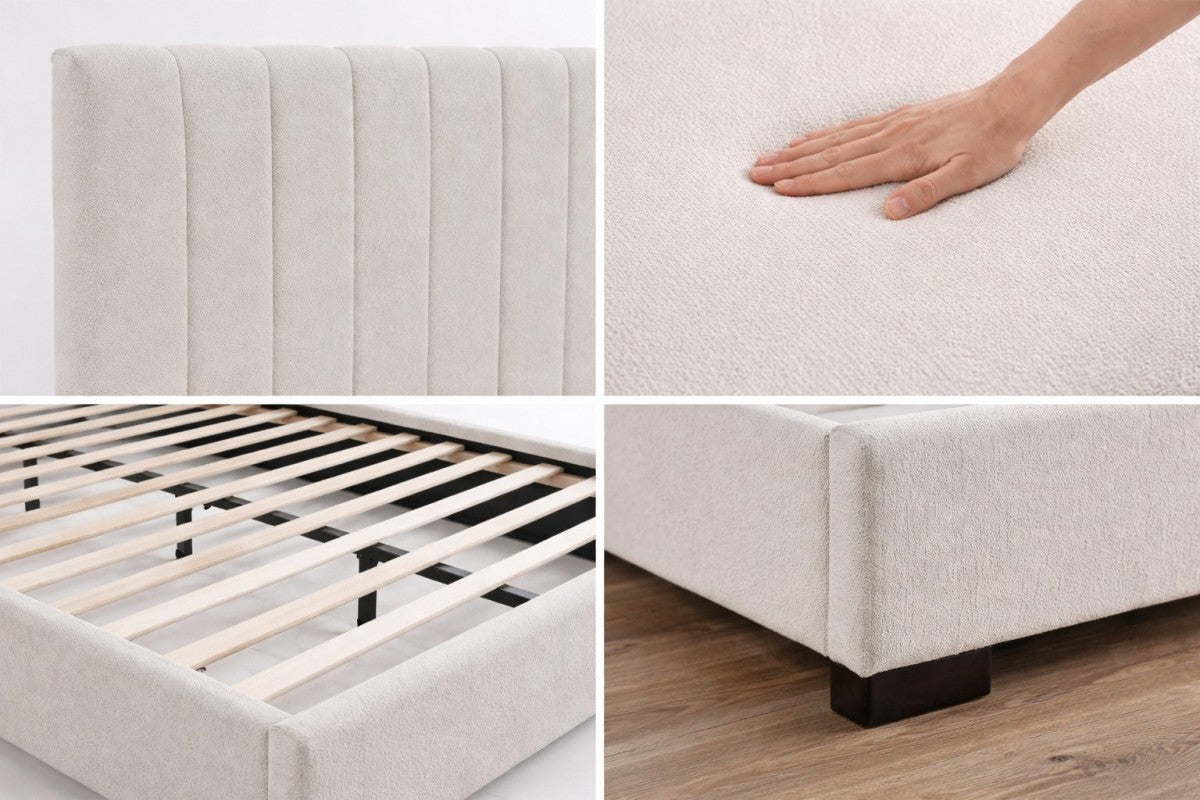 Channel-Tufted Solid Wood Bed Frame – Beige
