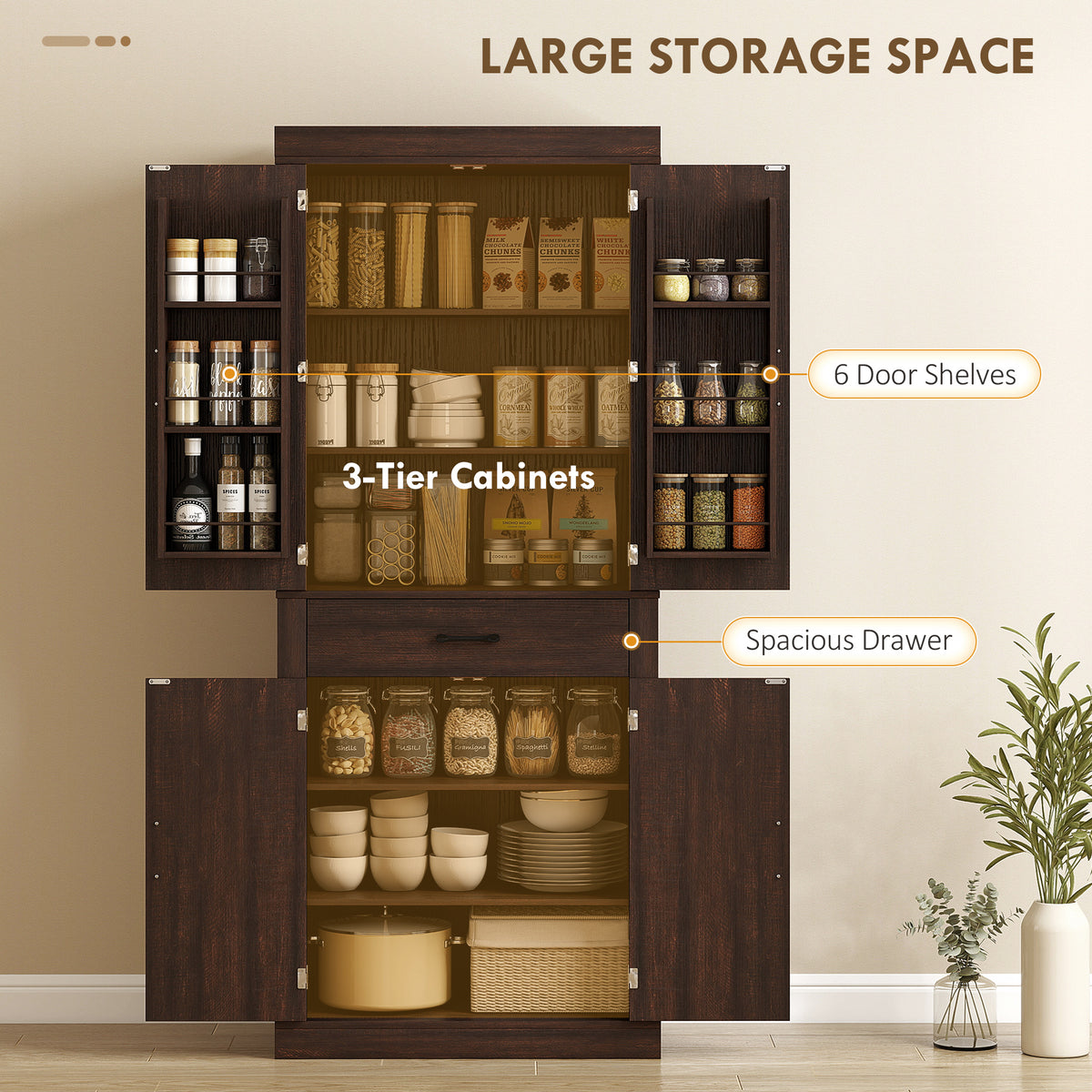 Farmhouse Kitchen Storage Cabinet with 4 Barn Doors – 30"W x 72"H