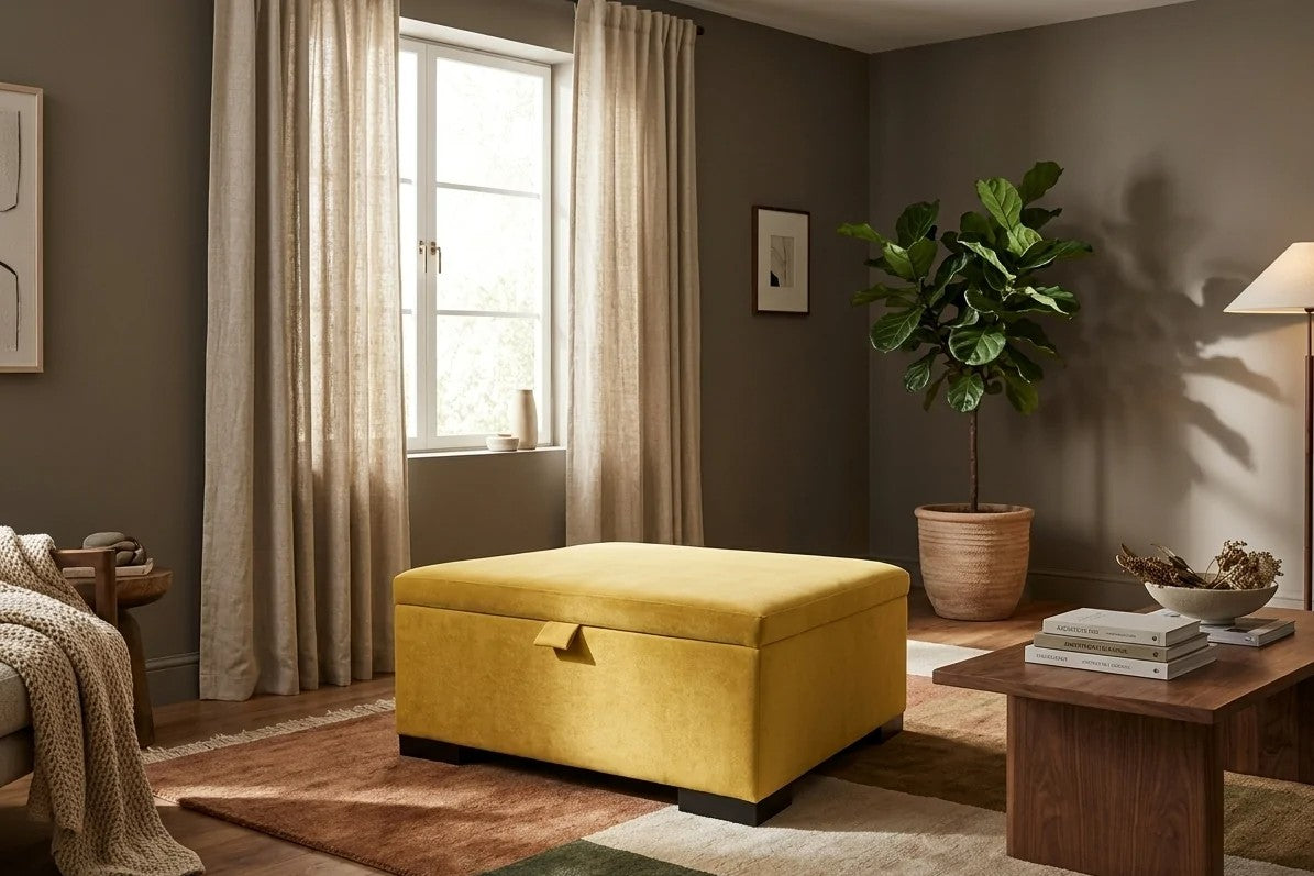 Mary Custom Storage Ottoman in a living room
