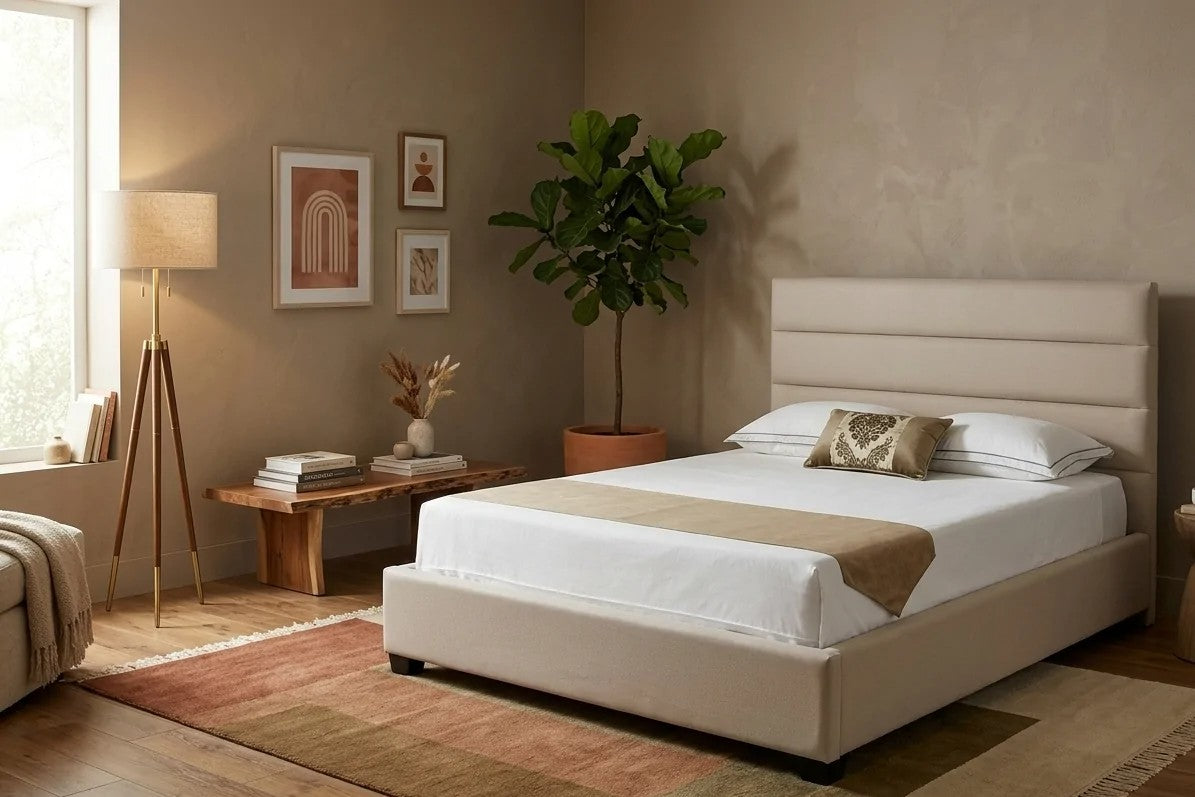 Melina Custom Upholstered Bed in a bedroom