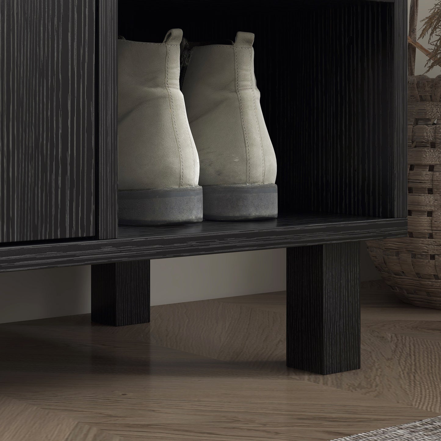 HOMCOM Black Entryway Shoe Storage Cabinet with Double Doors & Open Shelves