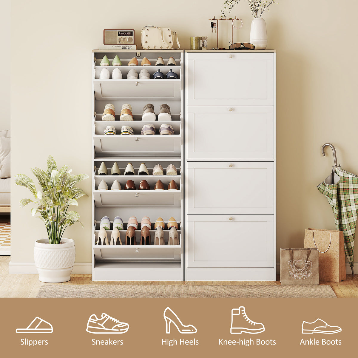 Modern Shoe Storage Cabinet with 4 Flip Drawers – 24"W x 60"H