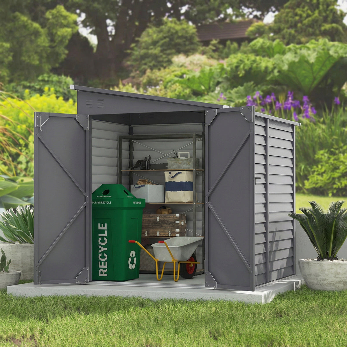 4.6' x 9' Steel Outdoor Storage Shed, Lean to Shed w/ Foundation Kit, Lockable Doors, Gloves & Air Vents for Backyard, Patio – Grey