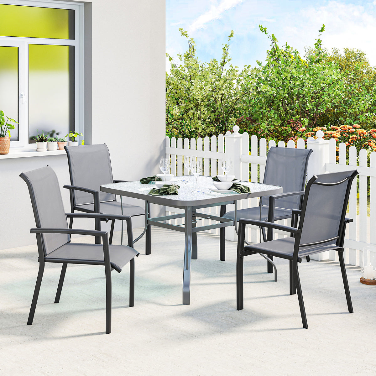 Stackable Patio Chairs Set of 4, Outdoor Dining Chairs with All Weather Breathable Mesh and Armrests