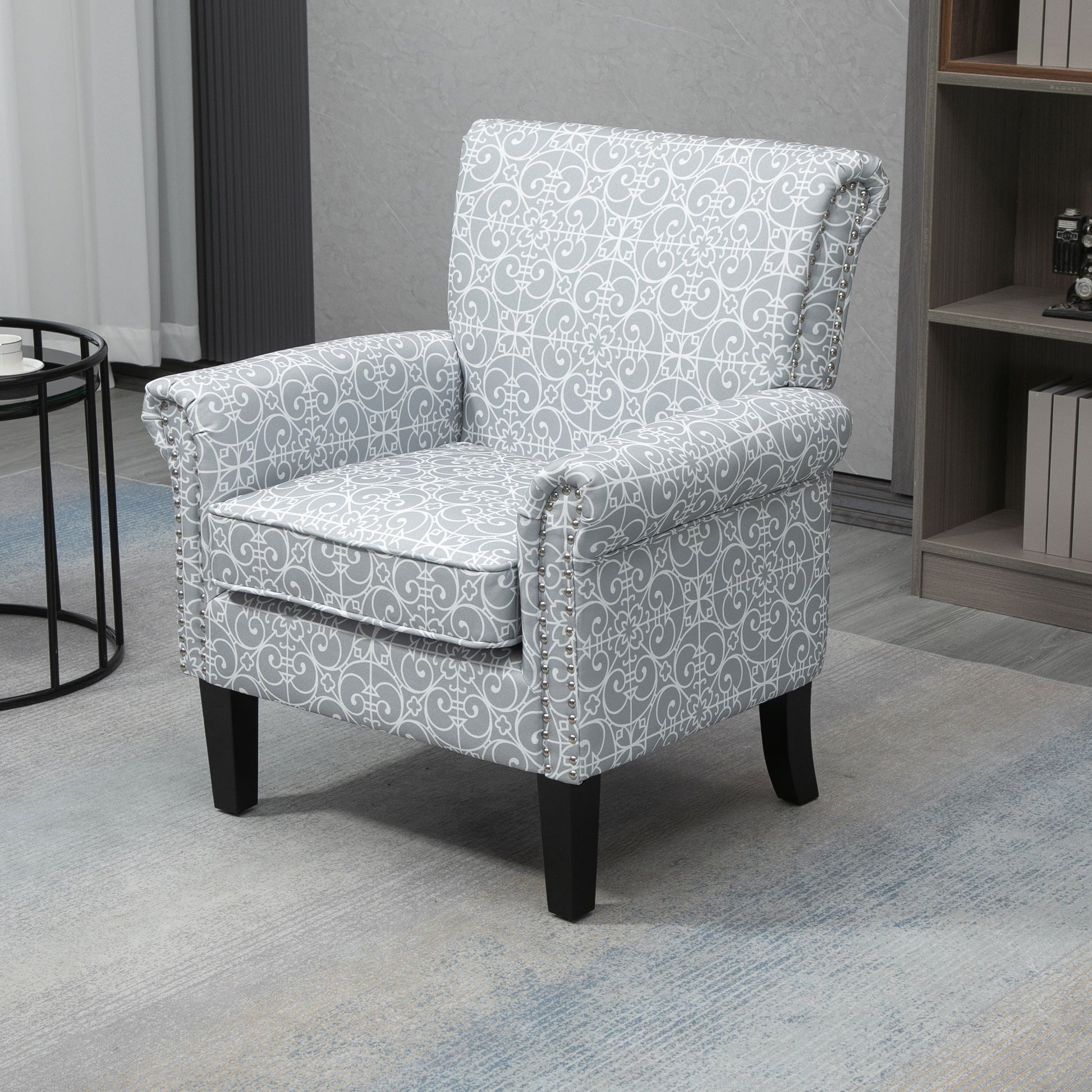 HOMCOM Modern Grey Linen Accent Chair, Rolled Arms, Nailhead Trim, Rubberwood Legs