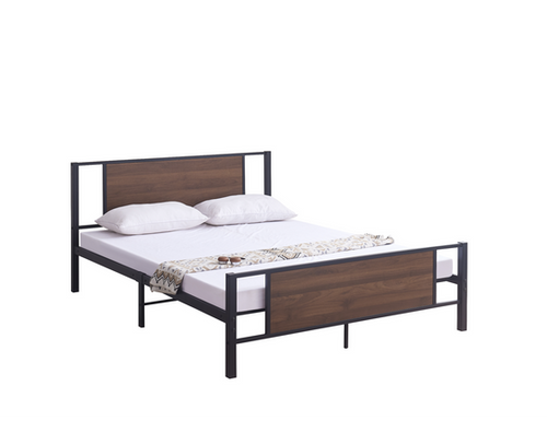 IF-5275 Black Steel Bed Frame with Wood Accents – Modern Industrial Design