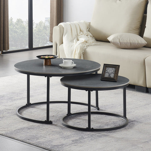 IF-2631 Set Of 2 Marble Coffee Tables, Black Steel Base
