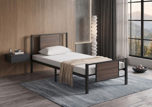 IF-5275 Black Steel Bed Frame with Wood Accents – Modern Industrial Design