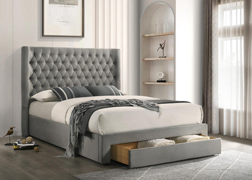 IF-5761 Upholstered Bed Velvet Grey with Diamond Tufted Headboard