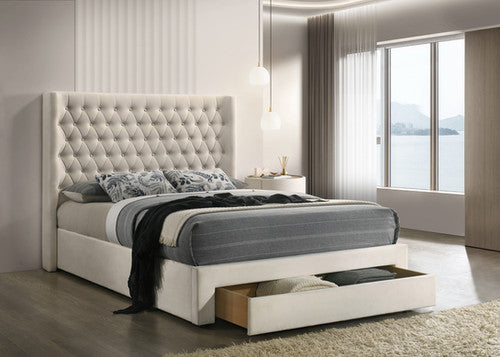 IF-5760 Modern Upholstered Bed With Diamond Tufted Headboard Ivory Velvet