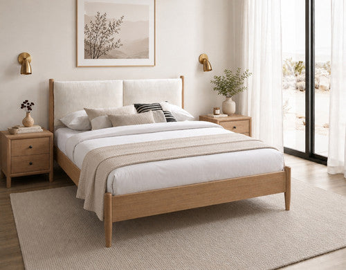 IF-5915 Bed Natural Oak Finish Fabric Colour Creme Beige