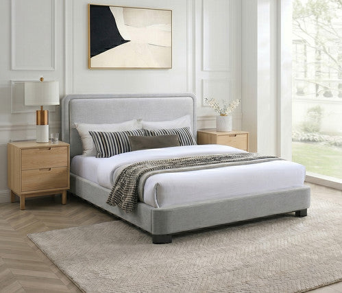 IF-5911 Upholstered Platform Bed – Soft Grey Fabric, Black Wood Legs
