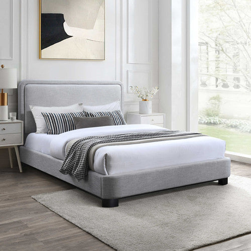 IF-5911 Upholstered Platform Bed – Soft Grey Fabric, Black Wood Legs