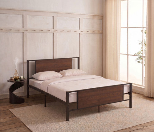 IF-5275 Black Steel Bed Frame with Wood Accents – Modern Industrial Design