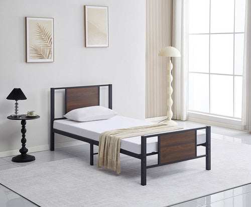 IF-5275 Black Steel Bed Frame with Wood Accents – Modern Industrial Design