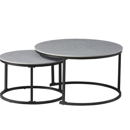 IF-2631 Set Of 2 Marble Coffee Tables, Black Steel Base