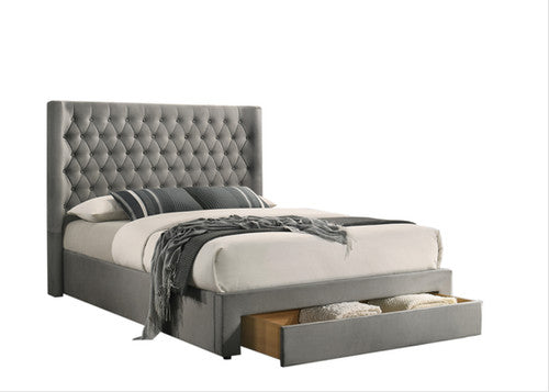 IF-5761 Upholstered Bed Velvet Grey with Diamond Tufted Headboard