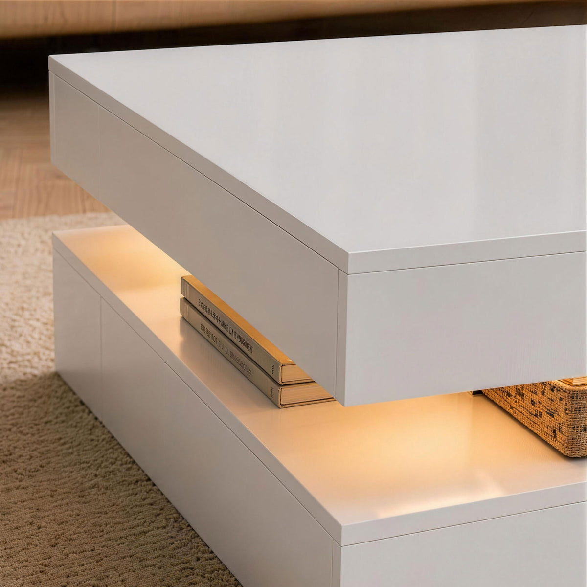 Square LED Coffee Table with 2-Tier Open Storage, High Gloss White