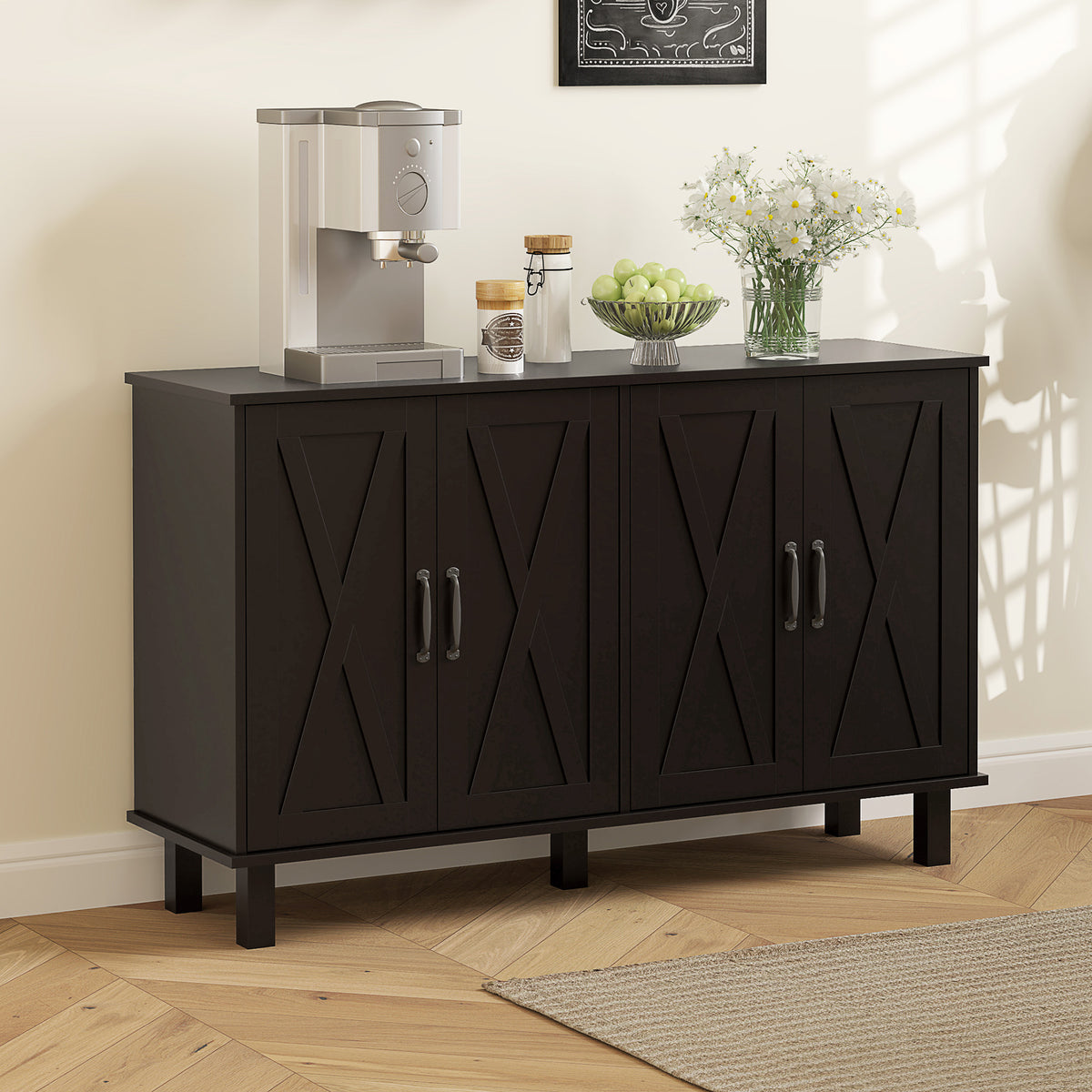 Kitchen Sideboard Cabinet with 4 Barn Doors and 2 Adjustable Shelves – 47"W x 30"H
