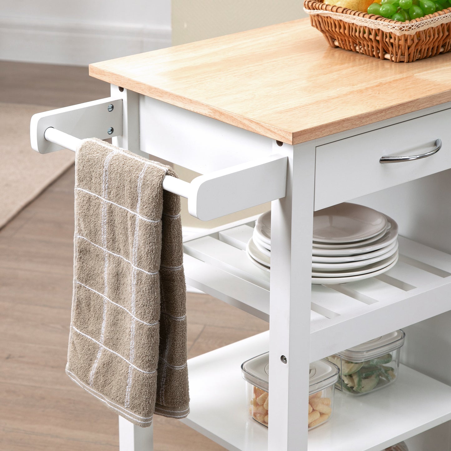 HOMCOM Kitchen Cart with Embossed Door Panel and Wheels, White