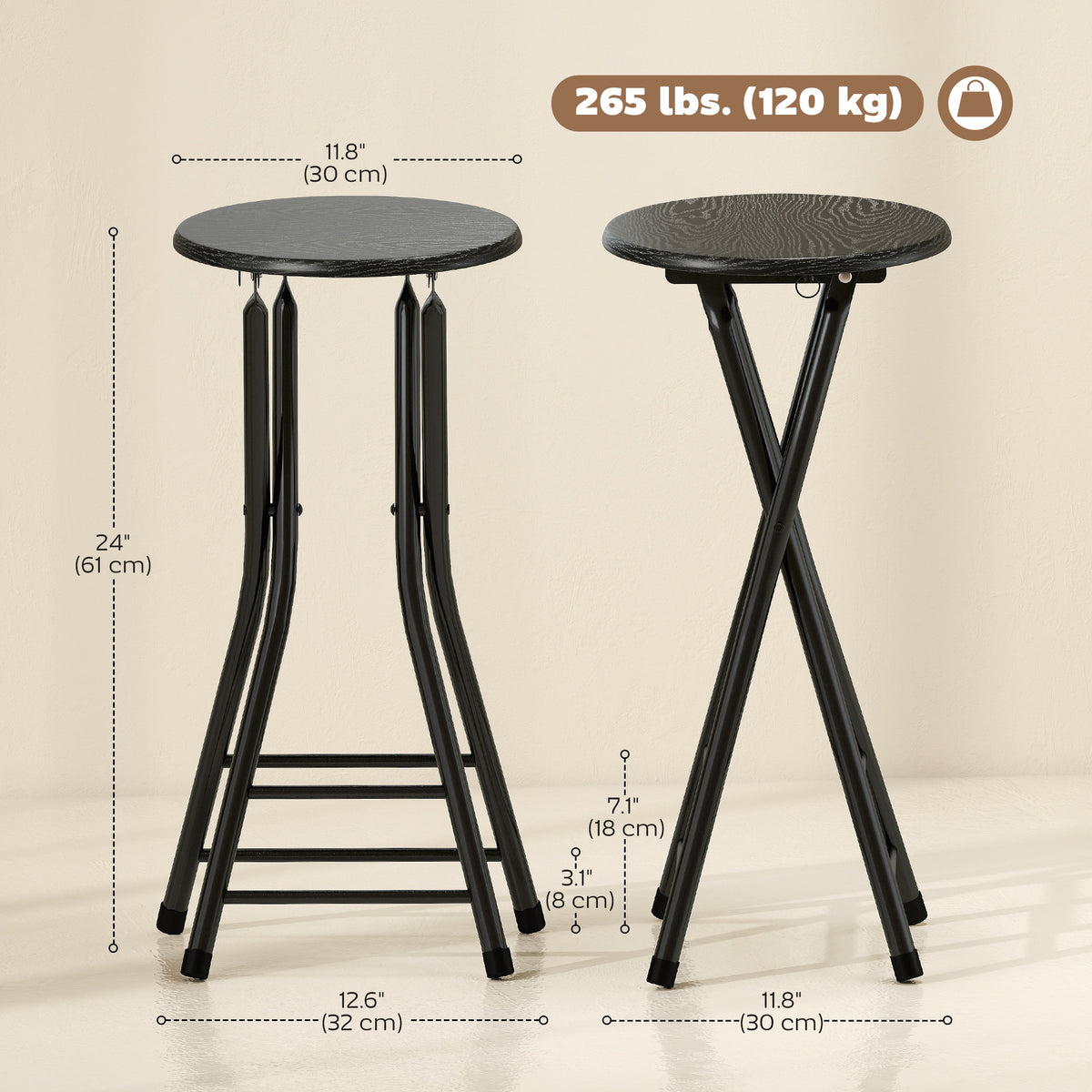 Foldable Counter Height Bar Stools with Double Footrest, Set of 4, Black