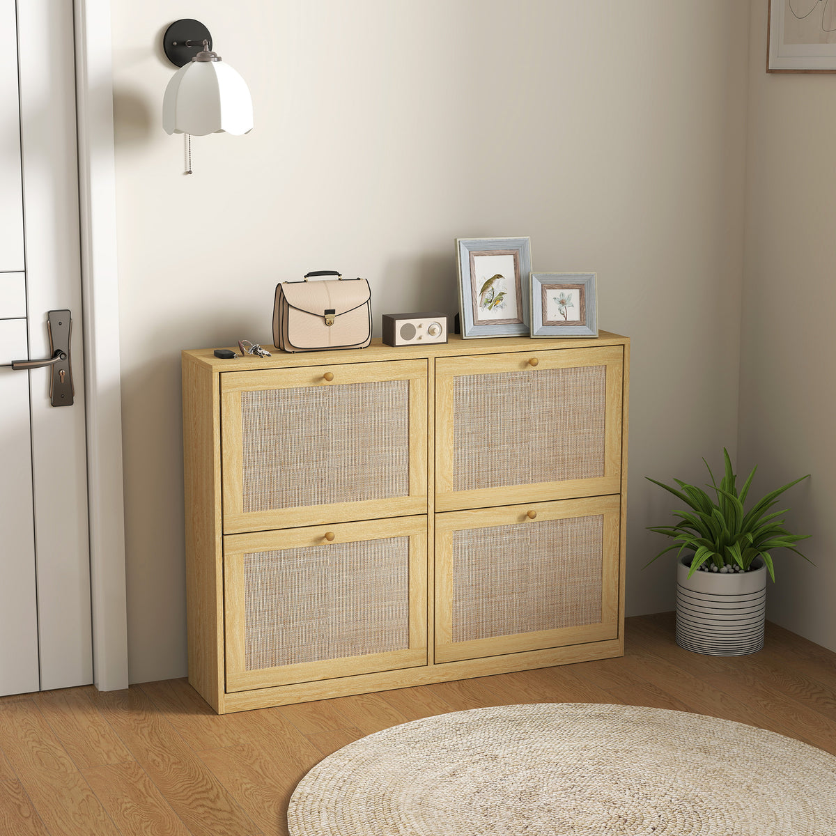 Rattan Shoe Cabinet with 4 Flip Drawers – 41"W x 32"H