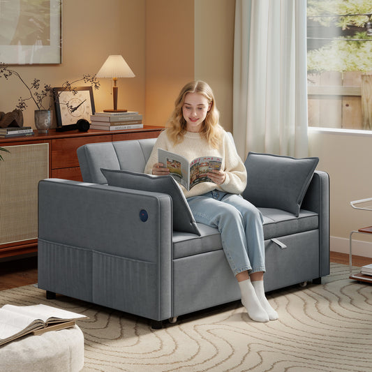 3-in-1 Velvet Pull-Out Sofa Bed with USB Charging
