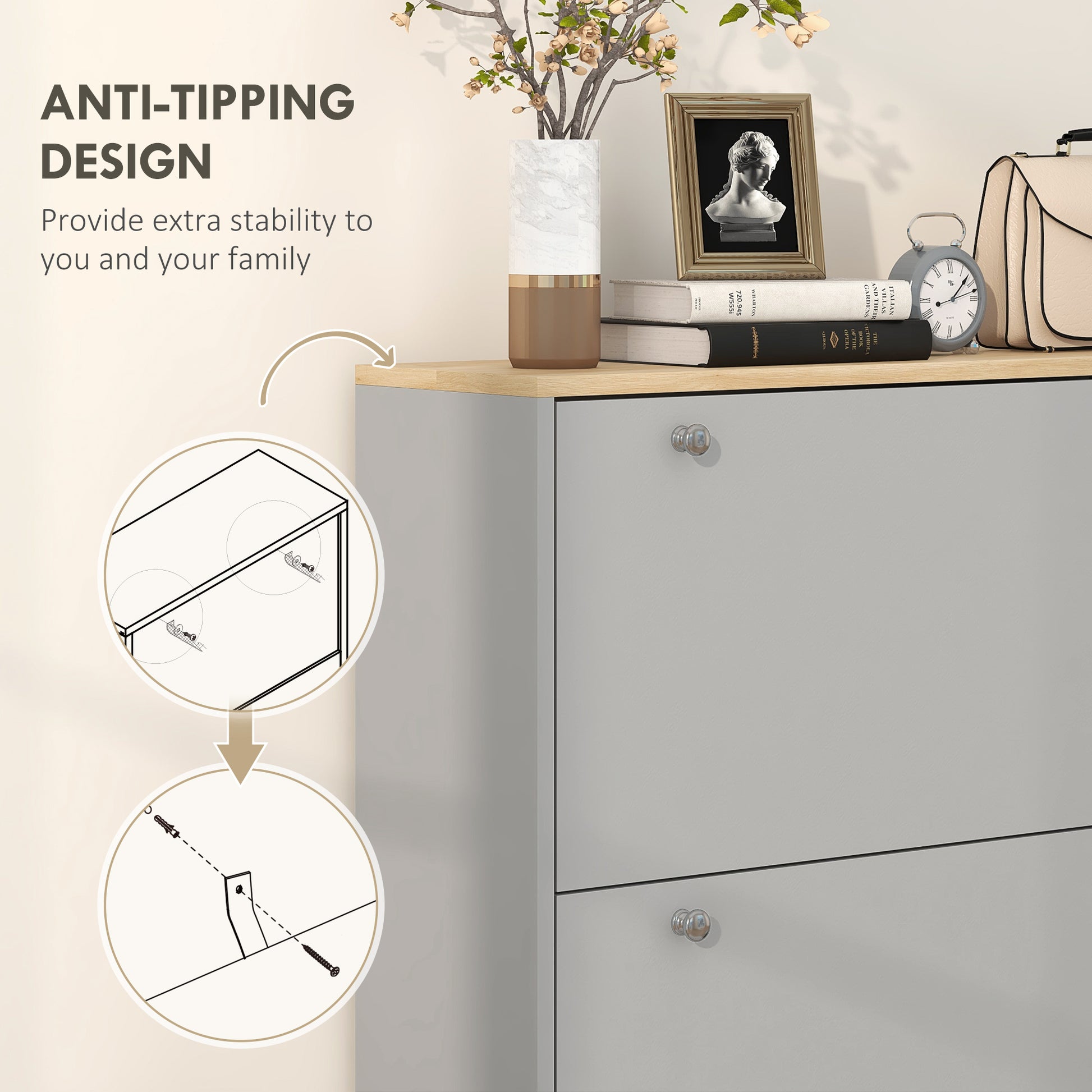 HOMCOM Modern Grey Entryway Shoe Storage Cabinet, 3 Flip Drawers, 24-Pair Capacity