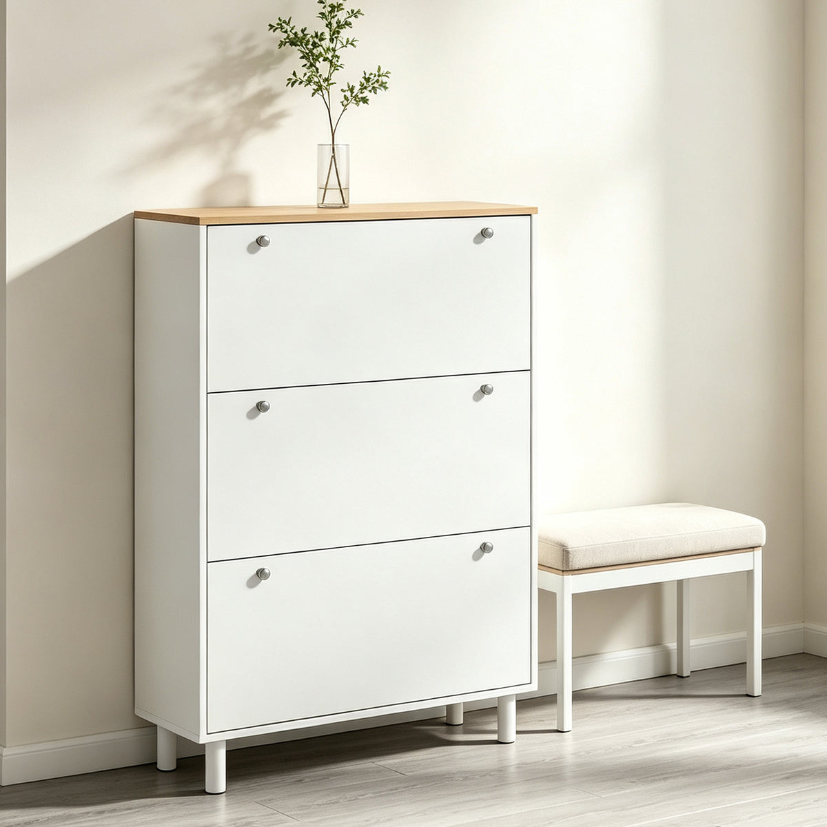 Modern Entryway Shoe Cabinet with 3 Flip Drawers – 32"W x 48"H