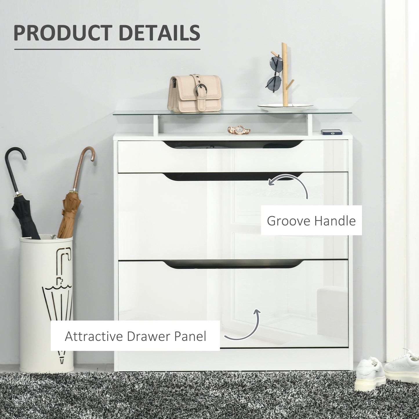 HOMCOM White High Gloss Shoe Cabinet with Adjustable Flip Drawers