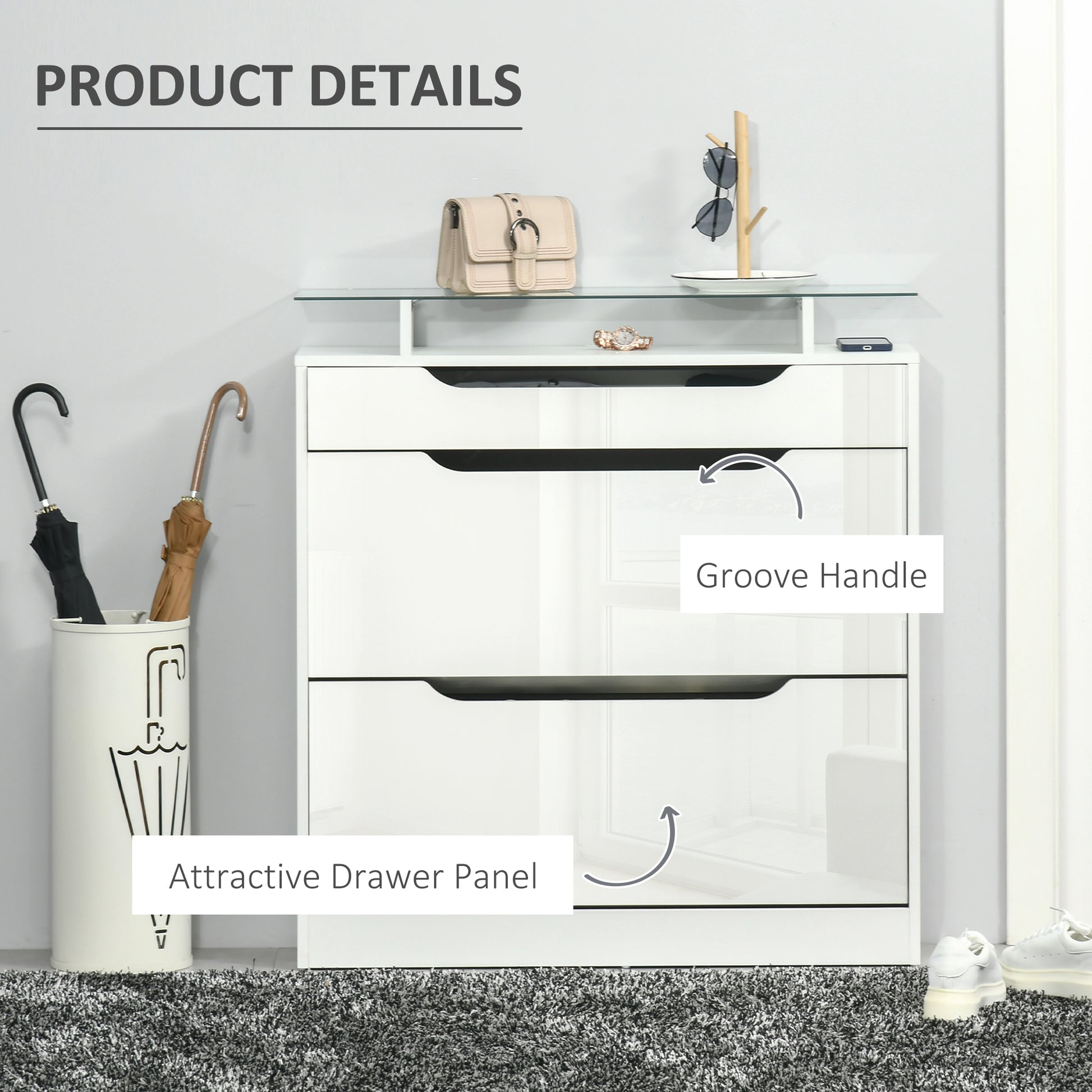 HOMCOM White High Gloss Shoe Cabinet with Adjustable Flip Drawers