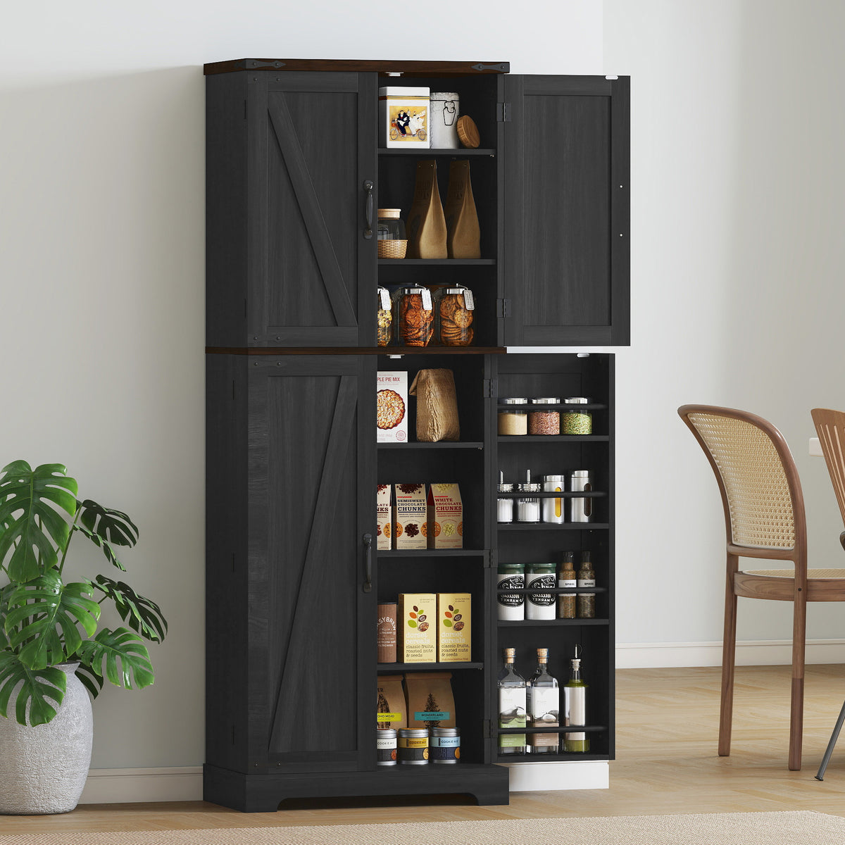 Tall Kitchen Pantry Cabinet with Spice Racks and Adjustable Shelves – 24"W x 64"H