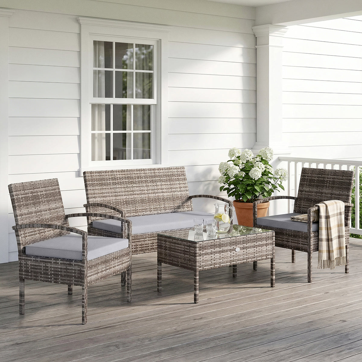 4 Pieces Patio Furniture Set with A Loveseat, Two Armchairs and A Coffee Table, Outdoor Conversation Set – Light Grey