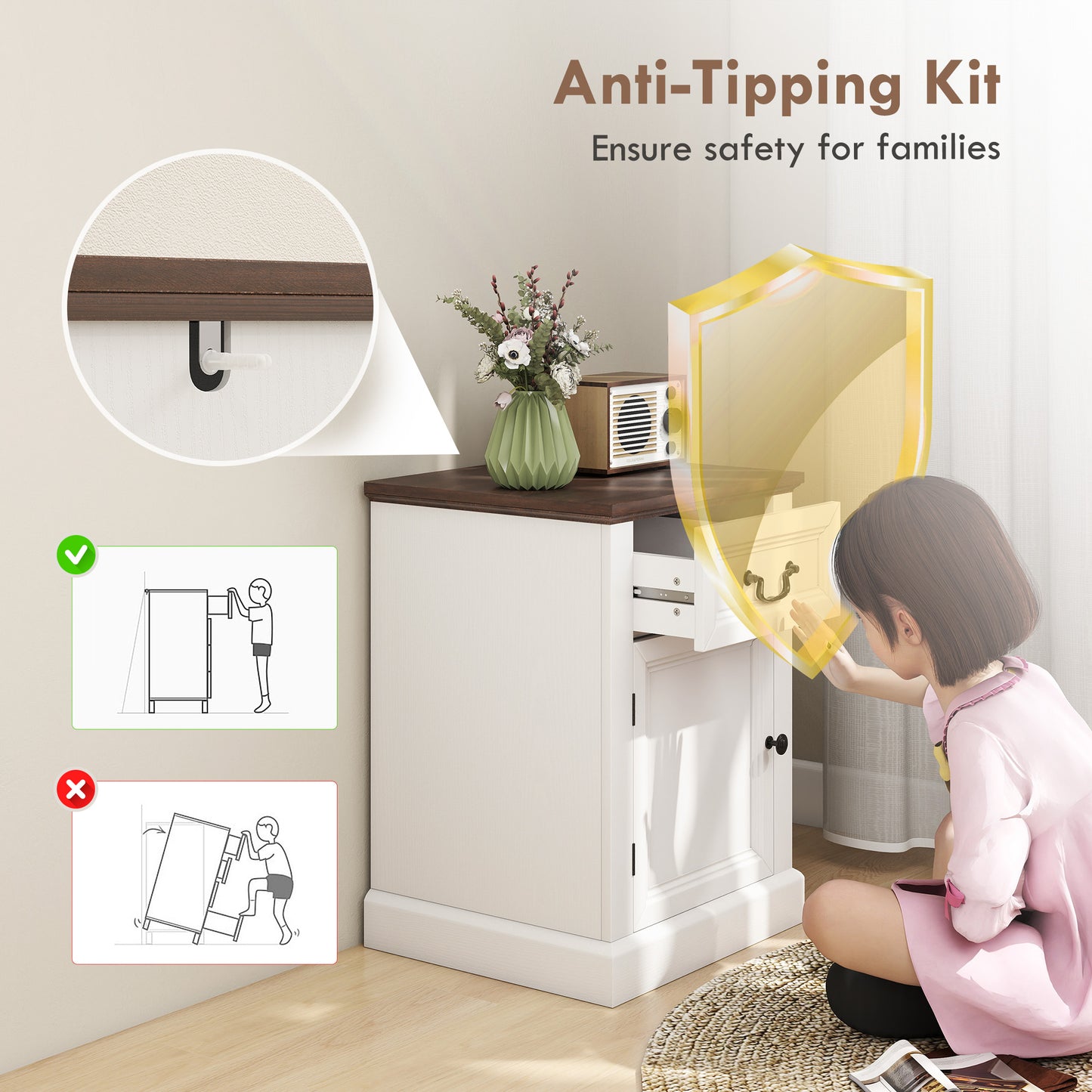 Set of 2 HOMCOM Farmhouse White Nightstands with Drawer and Cabinet