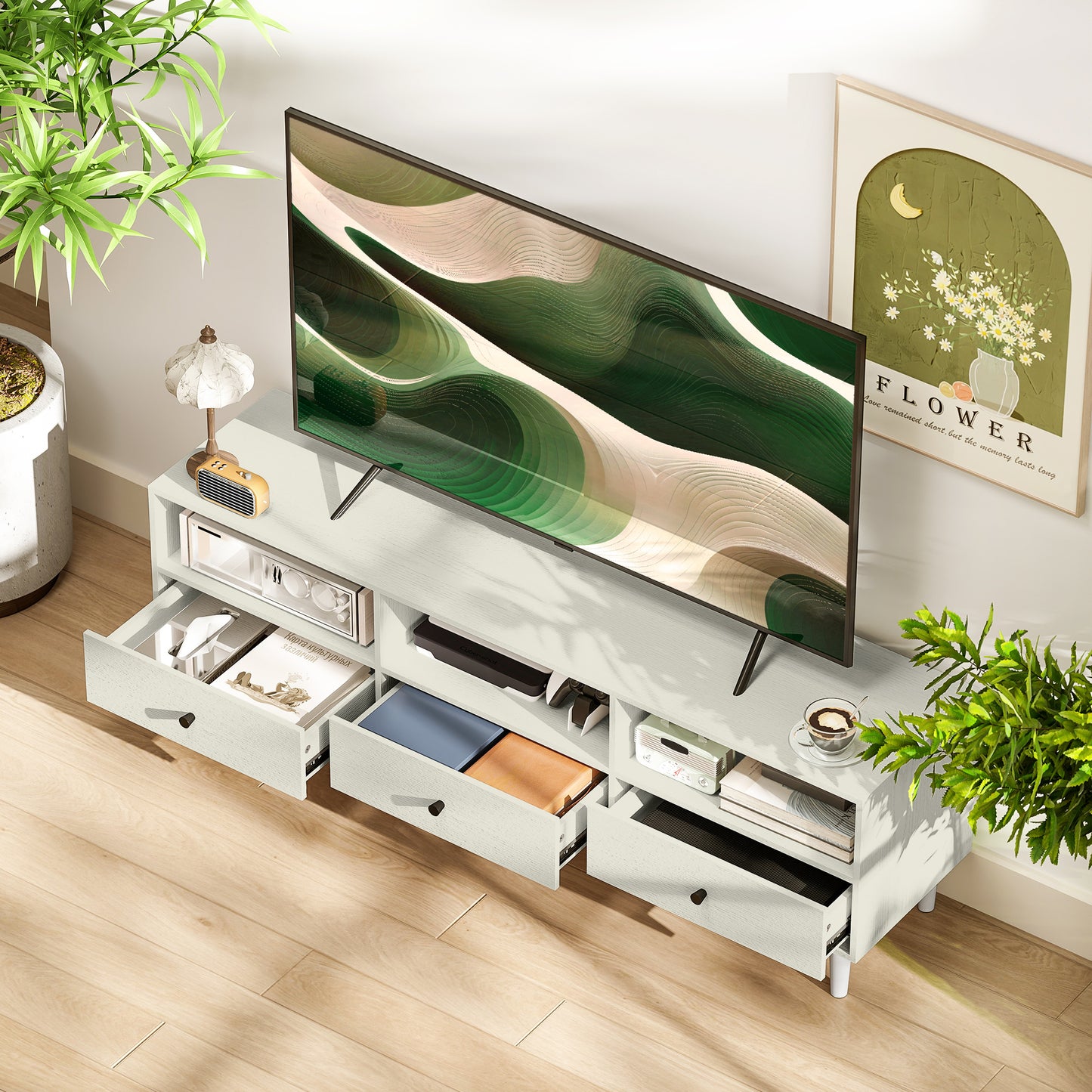 HOMCOM White Modern TV Stand for 75 Inch TVs, 3 Shelves, 3 Drawers