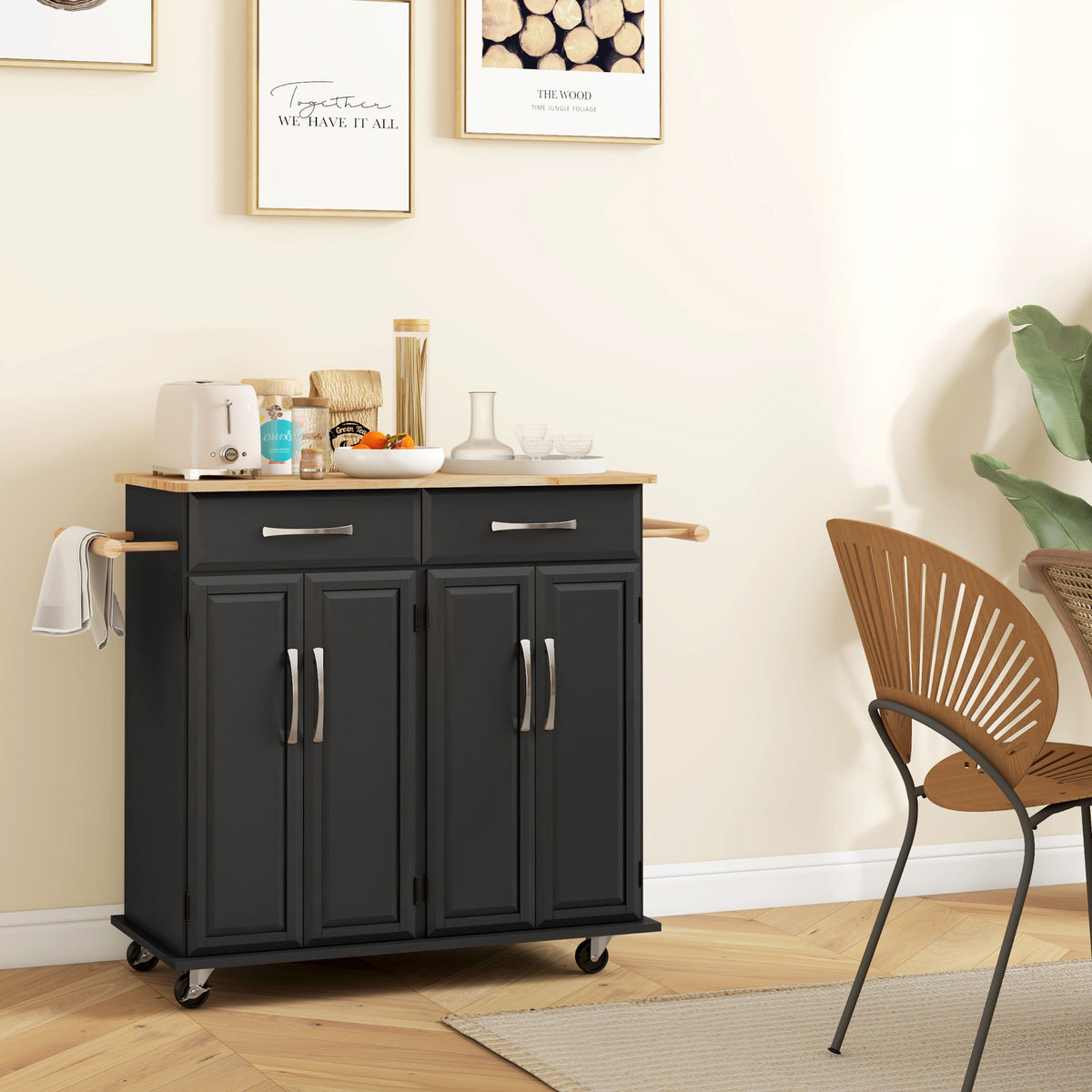 Kitchen Island on Wheels with Rubberwood Top – 44"W x 36"H