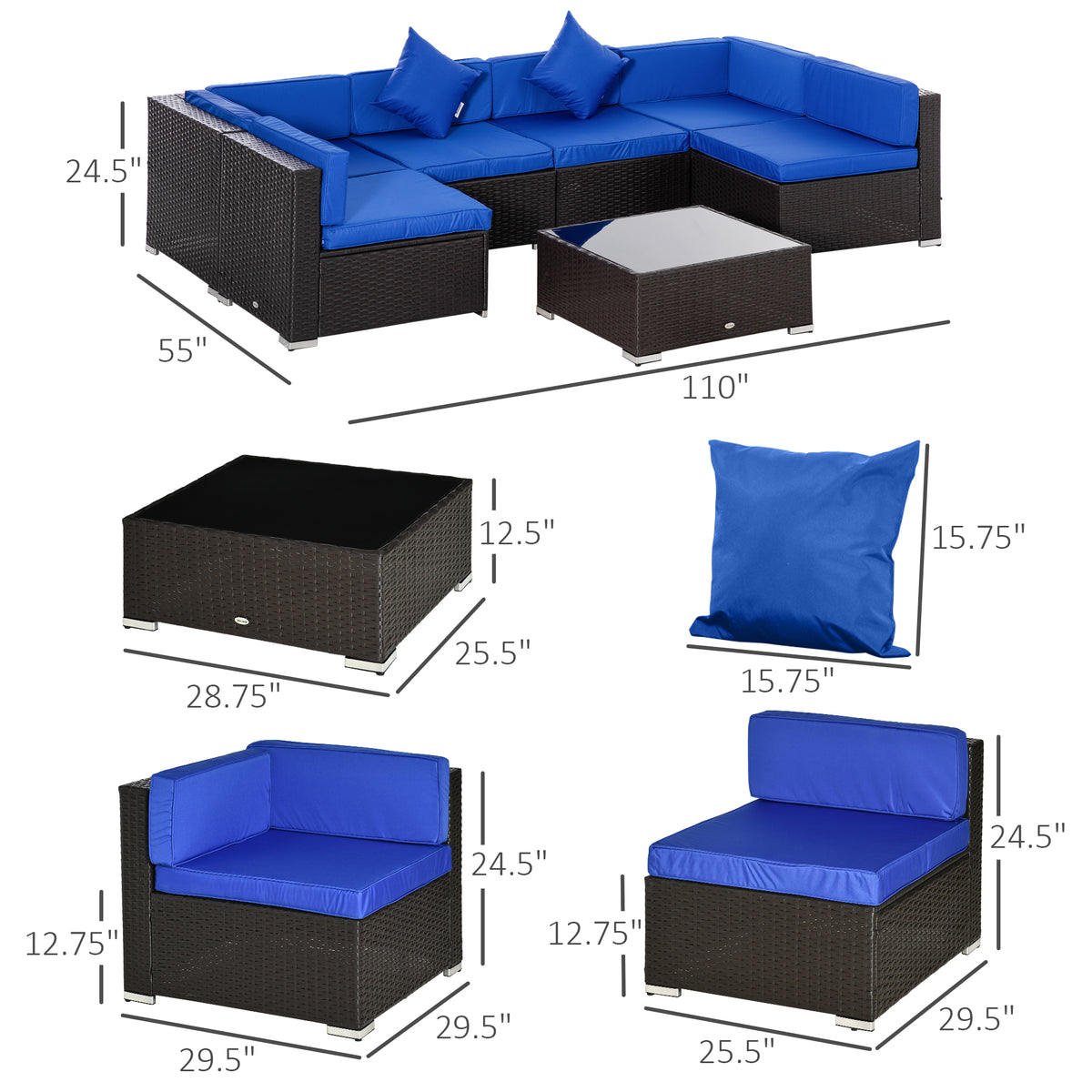 7 Pieces Outdoor Rattan Furniture Set, Patio Wicker Sectional Conversation Sofa Set – Blue